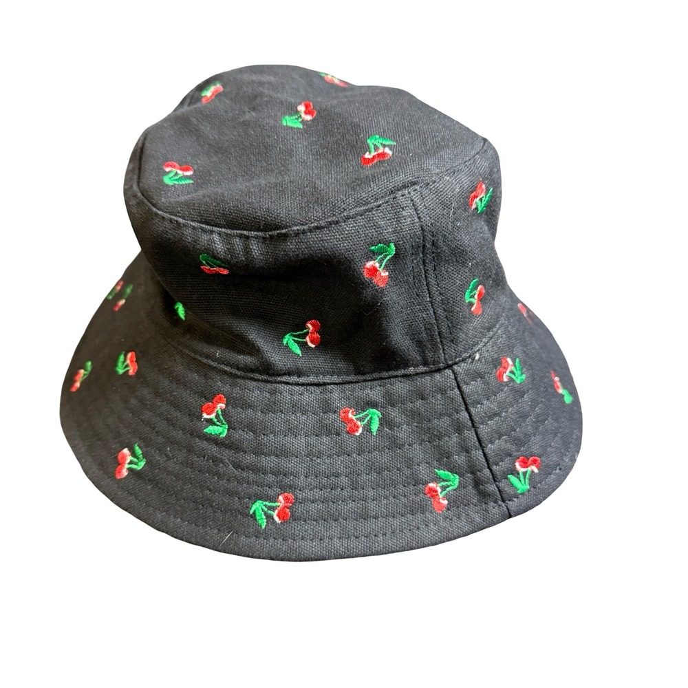 Black Cherry Embroidered Bucket Hat Cotton Canvas Sun Hat Retro Y2K Style
